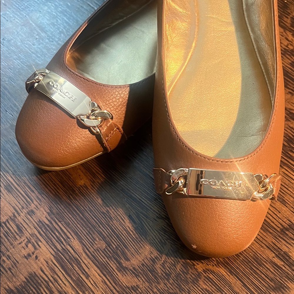 Coach Women's Brown Leather Flats with Silver Chain